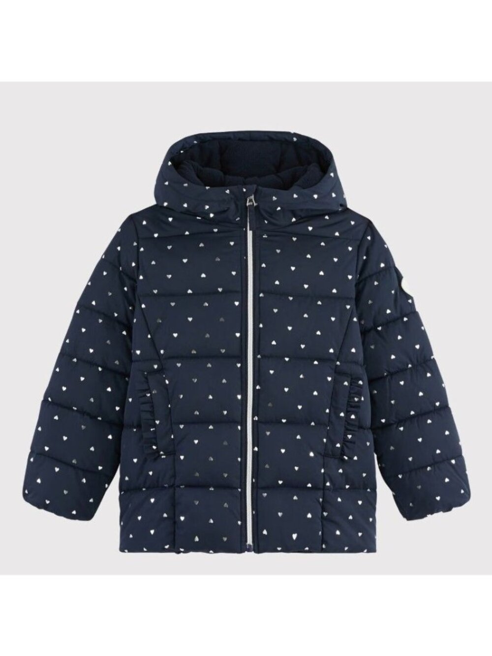 New Petite Bateau Girls Puffer Jacket Blue w/ Silver Hearts Size 3Y Years